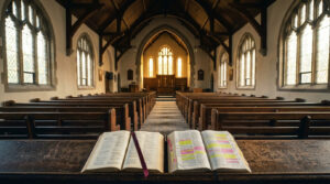 Perbedaan gereja Pentakosta dan Kharismatik di Balikpapan — interior ruang ibadah dengan cahaya hangat