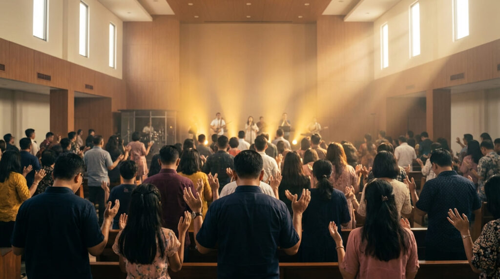 Jemaat gereja Pentakosta di Balikpapan sedang beribadah dengan tangan terangkat dalam penyembahan yang khusyuk di dalam gedung gereja modern