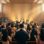 Jemaat gereja Pentakosta di Balikpapan sedang beribadah dengan tangan terangkat dalam penyembahan yang khusyuk di dalam gedung gereja modern