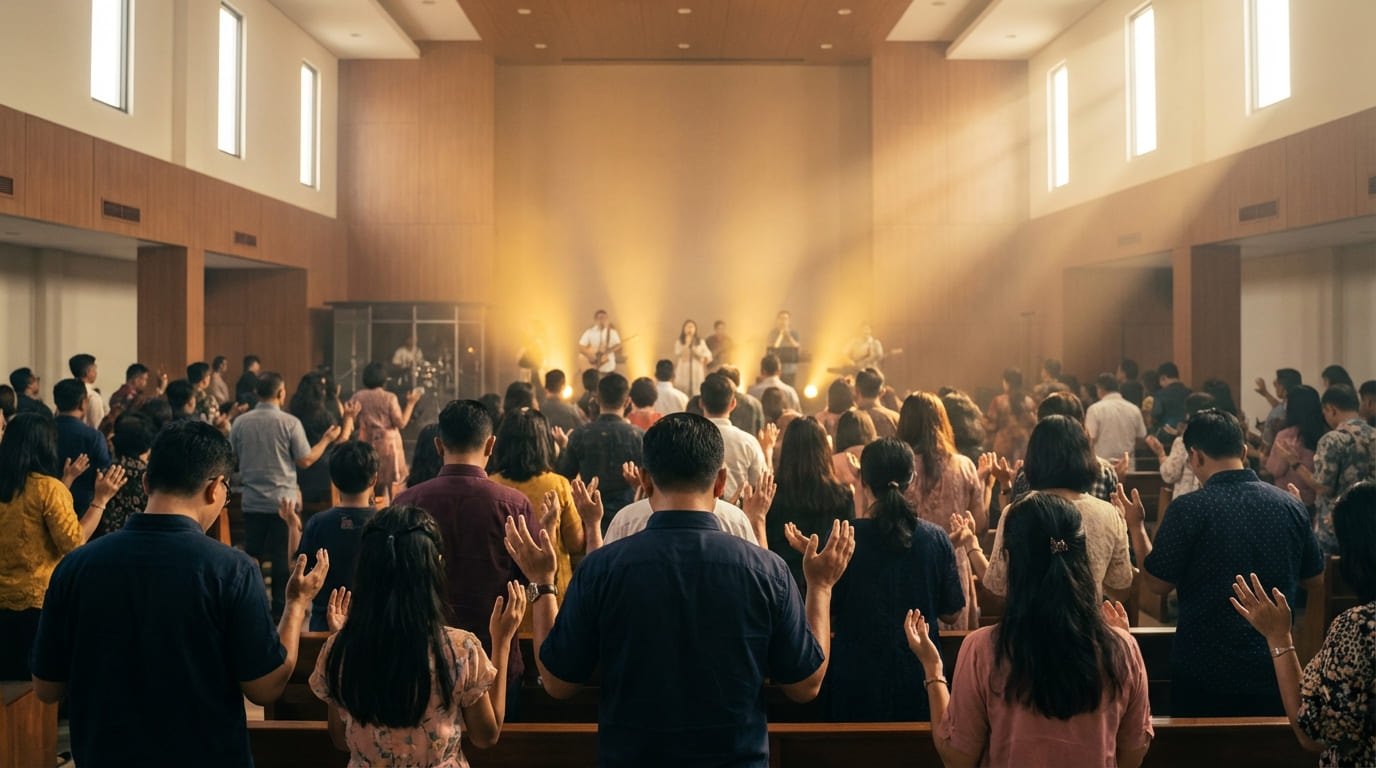 Jemaat gereja Pentakosta di Balikpapan sedang beribadah dengan tangan terangkat dalam penyembahan yang khusyuk di dalam gedung gereja modern