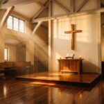 Baptisan Roh Kudus dalam tradisi gereja Pentakosta Balikpapan — cahaya ilahi menerangi interior gereja di Kalimantan Timur