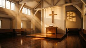 Baptisan Roh Kudus dalam tradisi gereja Pentakosta Balikpapan — cahaya ilahi menerangi interior gereja di Kalimantan Timur