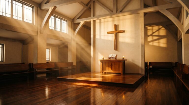 Baptisan Roh Kudus dalam tradisi gereja Pentakosta Balikpapan — cahaya ilahi menerangi interior gereja di Kalimantan Timur