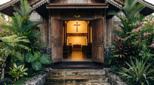 Cara memilih gereja di Balikpapan — pintu masuk gereja terbuka dengan cahaya hangat di Kalimantan Timur