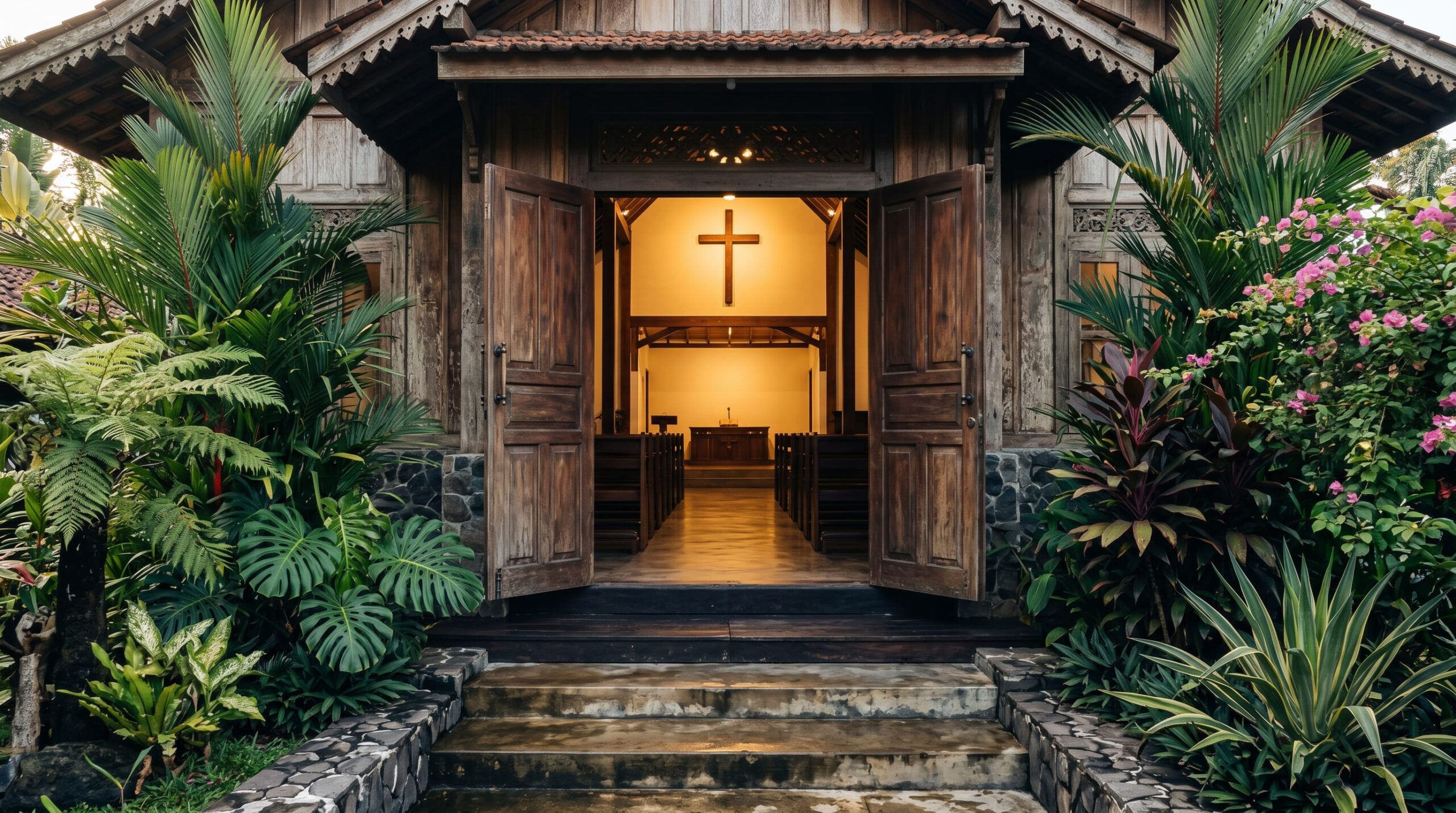 Cara memilih gereja di Balikpapan — pintu masuk gereja terbuka dengan cahaya hangat di Kalimantan Timur