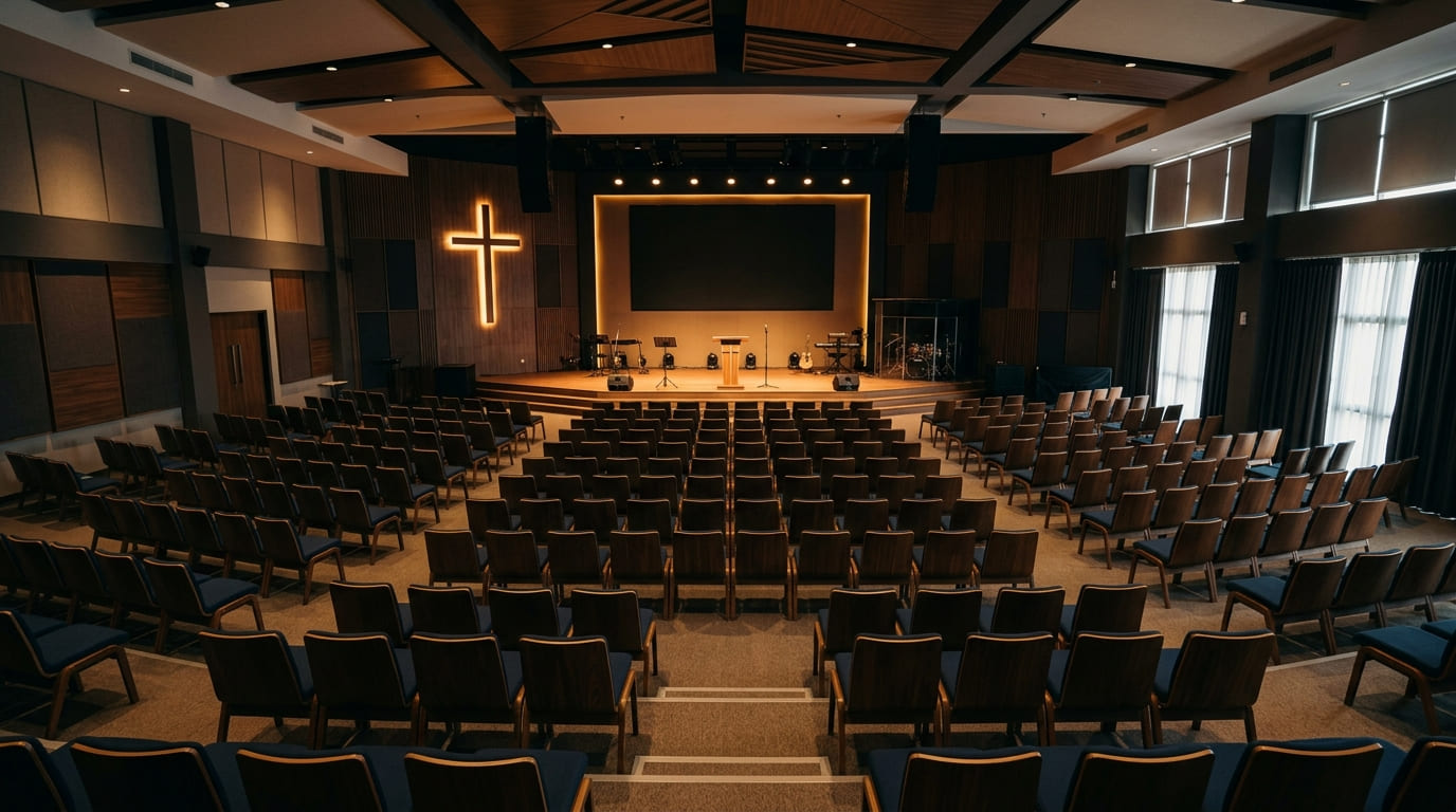 Gereja Kharismatik di Balikpapan — interior auditorium ibadah kontemporer dengan pencahayaan hangat di Kalimantan Timur