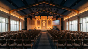 Jadwal ibadah Minggu gereja Kristen di Balikpapan 2026 — interior GBIS Sangkakala Balikpapan Tengah Kalimantan Timur