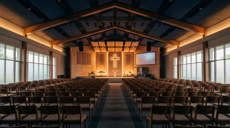 Jadwal ibadah Minggu gereja Kristen di Balikpapan 2026 — interior GBIS Sangkakala Balikpapan Tengah Kalimantan Timur
