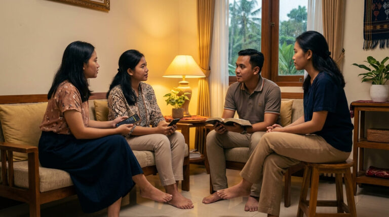 Sekelompok anak muda Indonesia berdiskusi dalam komunitas sel gereja di Balikpapan, ekspresi serius dan hangat dalam suasana ruangan yang nyaman