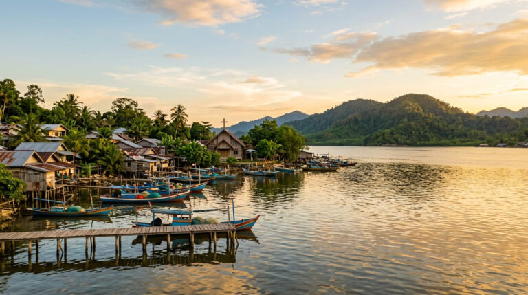 Gereja di Balikpapan Barat — pemandangan Teluk Balikpapan dari wilayah Balikpapan Barat Kalimantan Timur dengan komunitas Kristen yang berakar