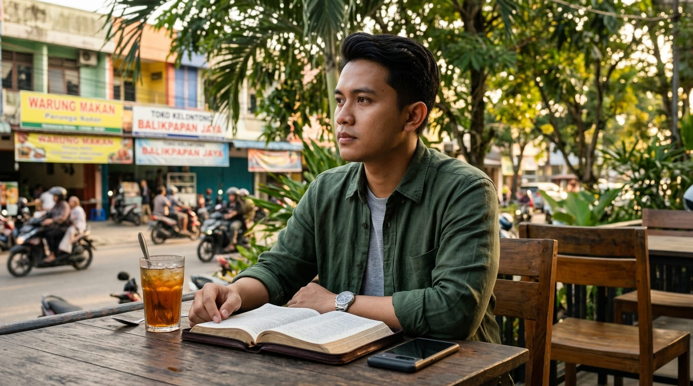 Identitas Kristen di era media sosial — pemuda Indonesia memegang Alkitab dan smartphone di Balikpapan Kalimantan Timur