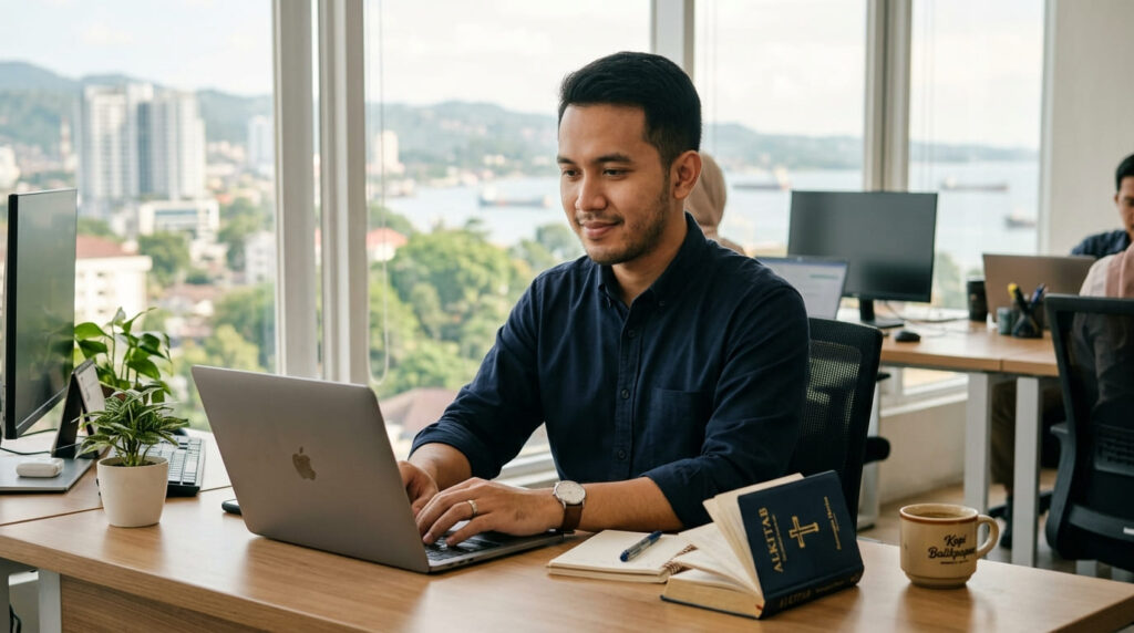 Iman di tempat kerja Kristen Balikpapan — tangan seorang profesional Indonesia memegang Alkitab kecil di samping laptop di meja kantor
