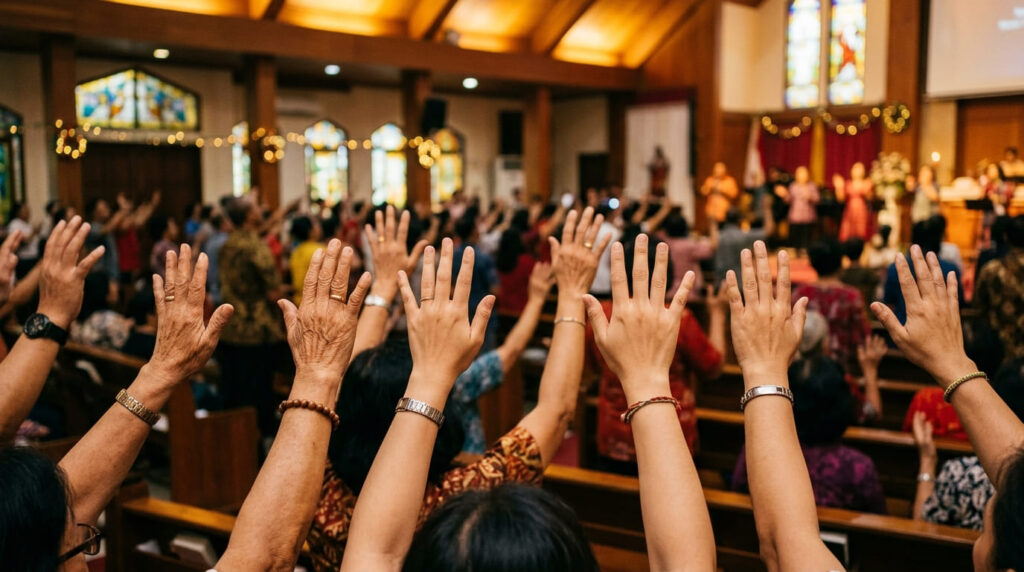 Karunia Roh Kudus — berbagai tangan Indonesia terangkat dalam penyembahan di gereja Balikpapan Kalimantan Timur sebagai ekspresi karunia rohani